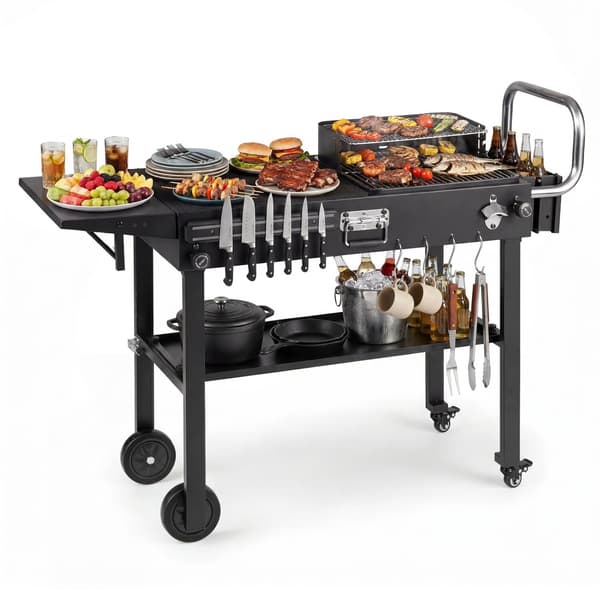 Sammenklappelig grillvogn med bordplade 118x43x89 cm sort