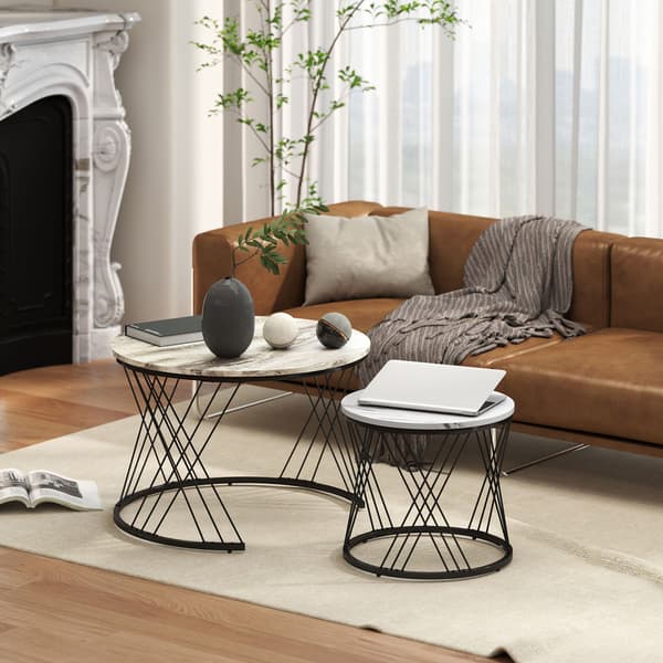 Sofabord 2-Pak, Marmorlook, Spånplade, Metal, Rund, Nesting, Grå+Hvid