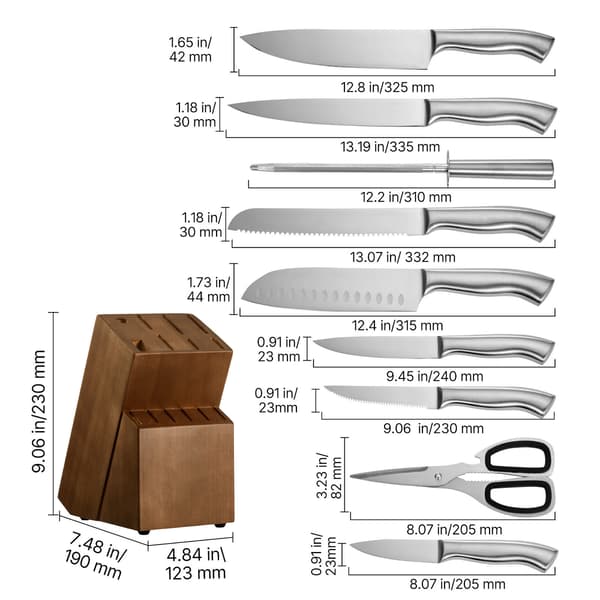 Knivsæt til køkken, 15 dele, 12.3x19x34.5 cm, sølv, rustfrit stål
