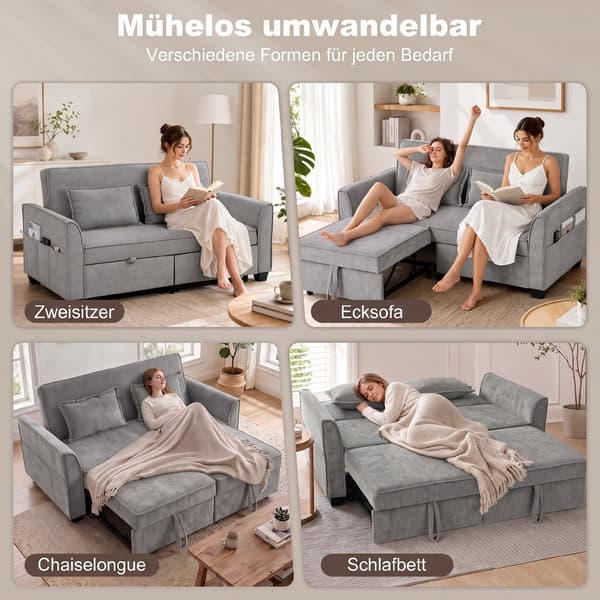 2-sits bäddsoffa 4-i-1 L-formad bäddsoffa med justerbar ryggstöd och sidofickor, grå