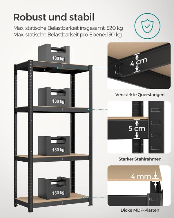 Reol 80x40x160 cm Sort Stål