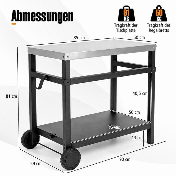 Grillbord med dobbelt hylde, 34" x 20", ståloverflade, sort