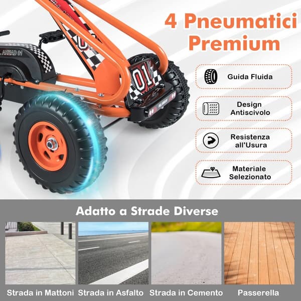 Pedal gokart, justerbart sæde, håndbremse, børn, orange