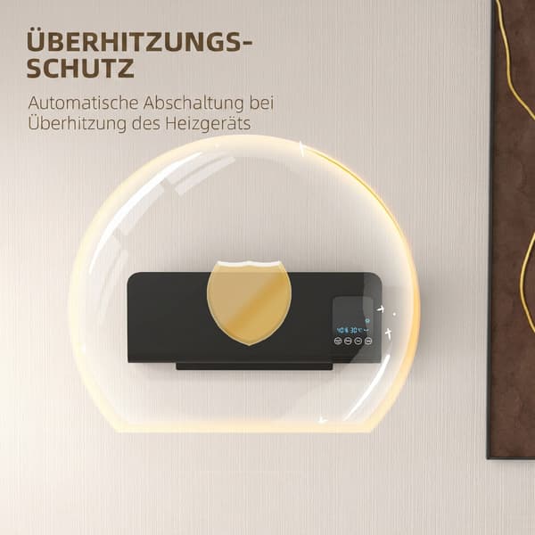 Elektrisk varmelegeme, vægmontering, svingfunktion, 2 tilstande, timer, LED-display, sort