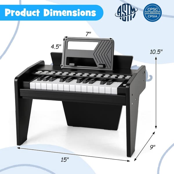Børneklaver Keyboard, 38x23x27 cm, Sort, Digitalt Legetøj
