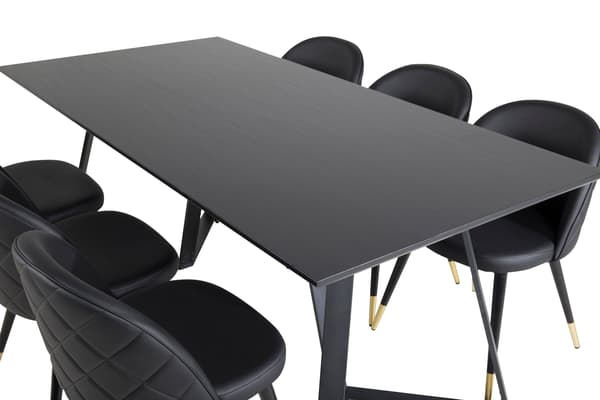 Spisebord og fløjls spisebordsstole, sort