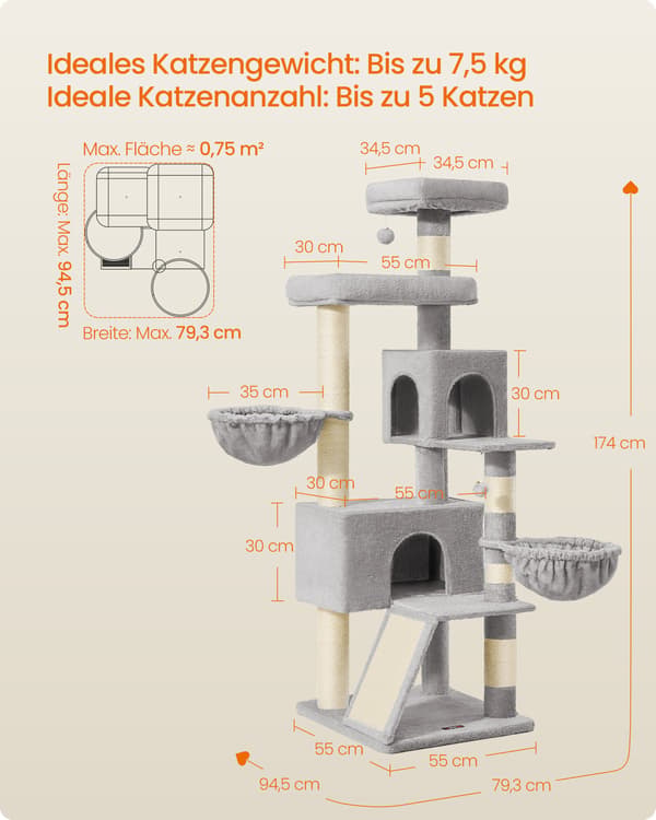 Klatretre til katt 174 cm med stor platform og dobbel hule, duegrå
