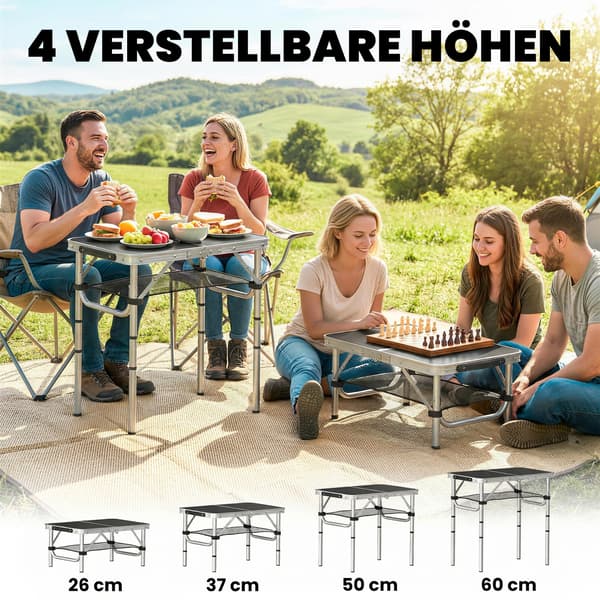 Campingbord 60x40x26-60 cm Sort Aluminium