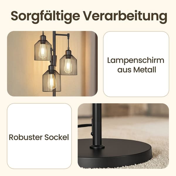 Gulvlampe med 3 E27-sokler, høydejusterbar