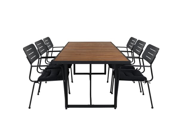 Spisebord og stole sæt 200x100 cm sort akacie stål