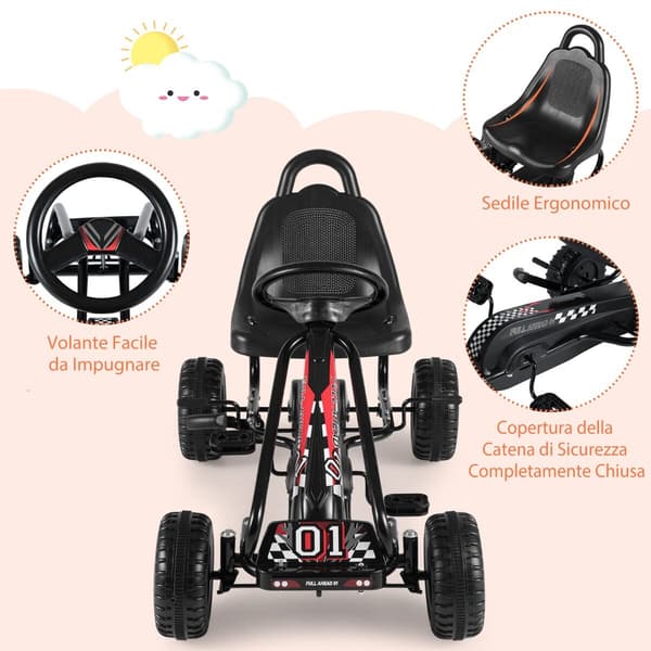 Pedal gokart, justerbart sæde, håndbremse, til børn, sort