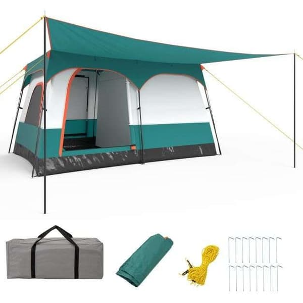 Camping telt, 14x10x6.6 ft, Blå/Grøn