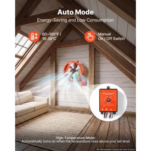 Loftventilator, solenergi, 30.5 cm, 900 CFM, med termostat, orange