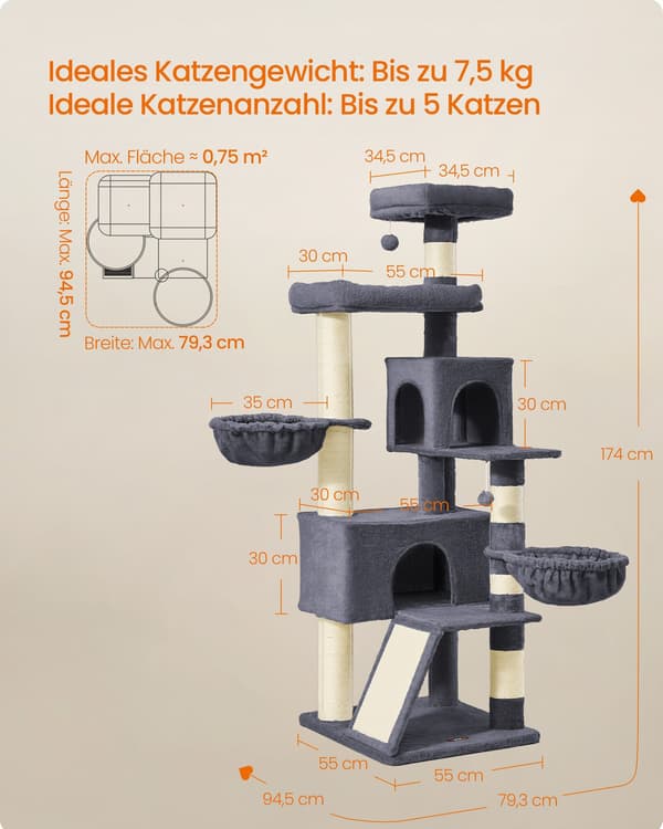Klatretræ til katte 174 cm med stor platform og dobbelt hule, mørkegrå
