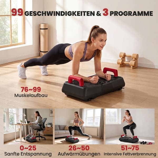 Støjsvag vibrationsplade med sæde, 99 intensitetsniveauer, 3 forprogrammer, justerbar højde
