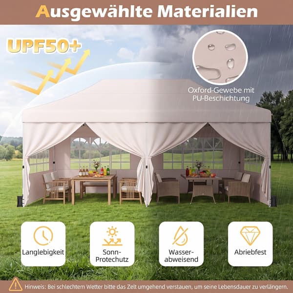 Sammenklappelig pavillon med 4 sidepaneler 3x6x2,9-3,1 m beige