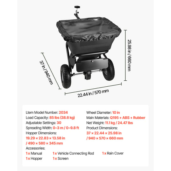 Plænespreder, 940x570x660 mm, 38,6 kg, Sort, Stål