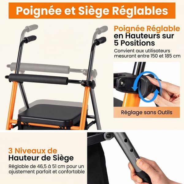 Sammenklappelig 4-hjulet rollator 56x64x79-93 cm orange/sort