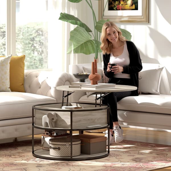 Rund sofabord med løftelåg 80x80x47-61,5 cm eg/sort