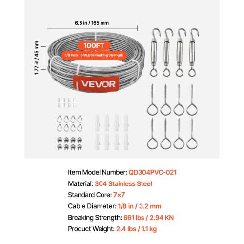 Wire Rope Kit, 30,5 m, 3,2 mm, Rustfrit Stål