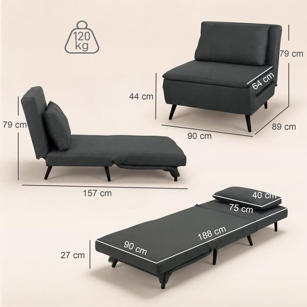3-i-1 foldbar sove stol 90x89x79 cm mørkegrå