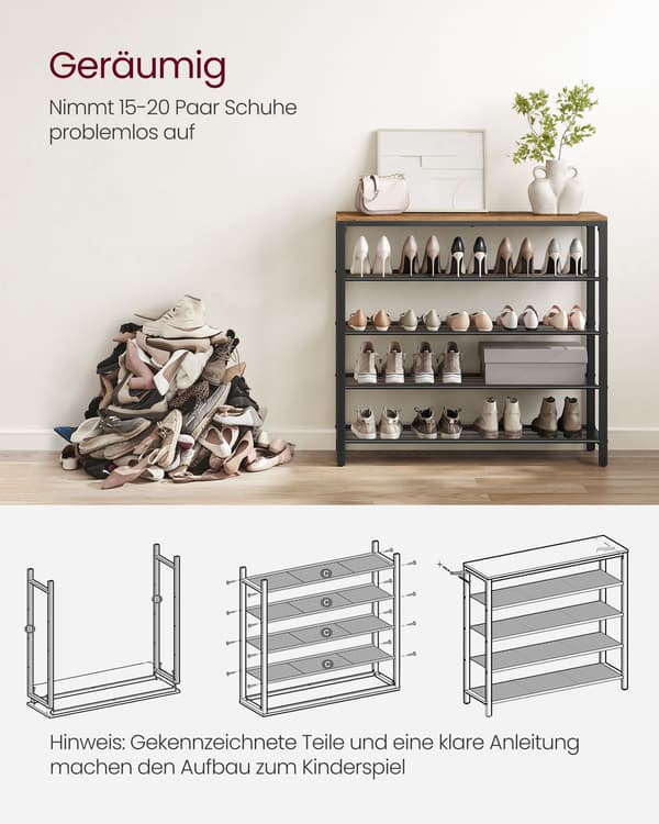 Skohylde 100x30x92,5 cm Brun Sort Stål
