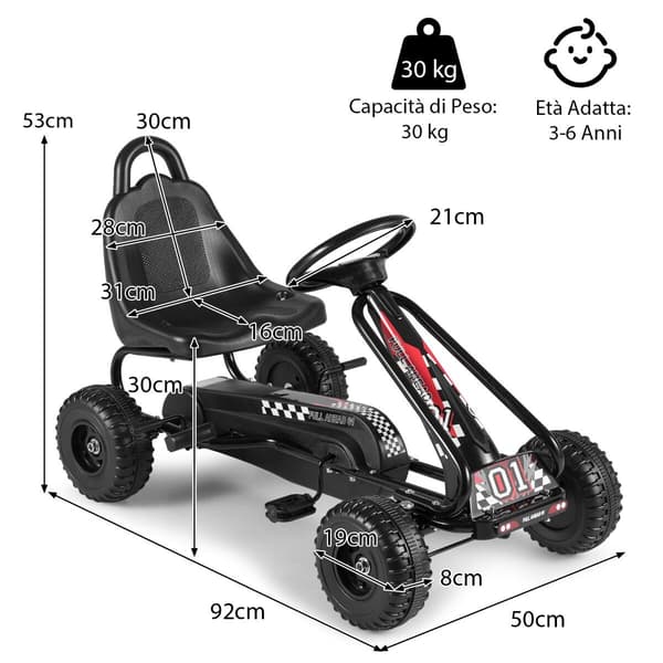 Pedal gokart, justerbart sæde, håndbremse, til børn, sort