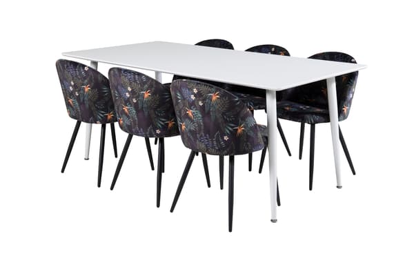 Spisebord og fløjls spisebordsstole 180 cm hvid sort