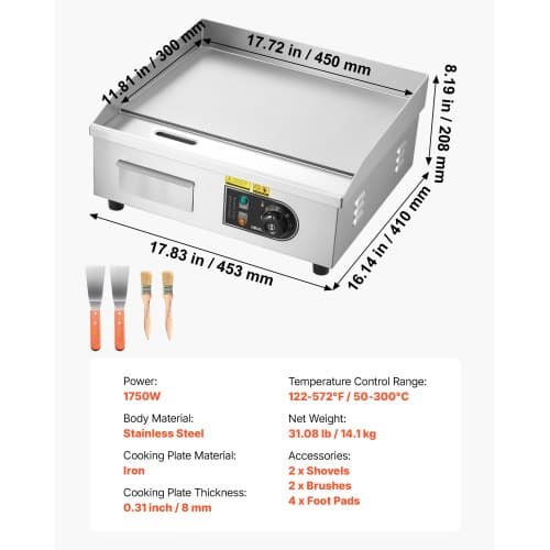 Elektrisk Grillplade 45x30 cm Rustfrit Stål Flad Top Grill