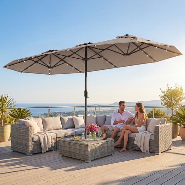 Dobbelt-sidet parasol med 36 solcellelys 405x210x225 cm lys brun