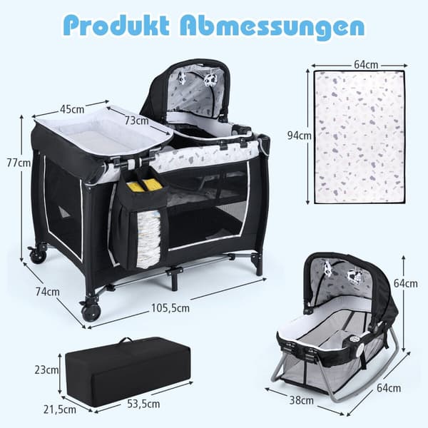 Baby Rejseseng, 5-i-1 Sammenklappelig Babyseng, 105,5x74x77 cm, Beige, Polyesterstof