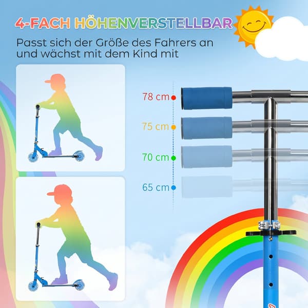 Sammenfoldelig børnescooter med LED-hjul, justerbart styr, bagbremse, blå