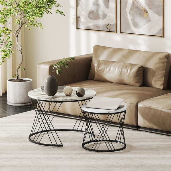 Sofabord 2-Pak, Marmorlook, Spånplade, Metal, Rund, Nesting, Grå+Hvid