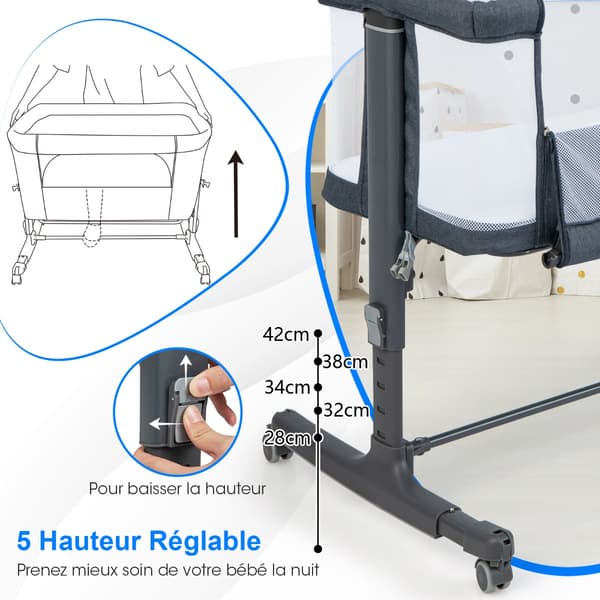 Babyseng 3-i-1 med madras og bærepose 83x48x67-80 cm mørkegrå