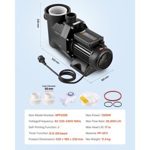 Poolpumpe, 1300W 28800 L/H enkelthastighed med timer og filterkurv