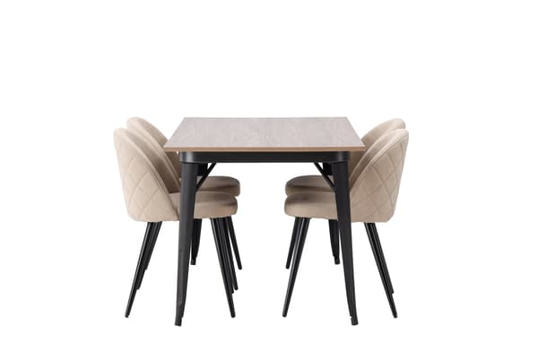 Spisebord og stol sæt Tempe 140x80 cm Sort valnød Beige stof