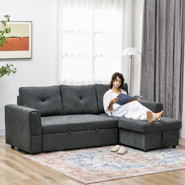 Bäddsoffa med schäslong, 232x141x85 cm, mörkgrå, tygklädsel