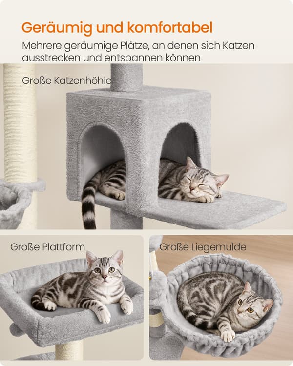 Klatretre til katt 174 cm med stor platform og dobbel hule, duegrå