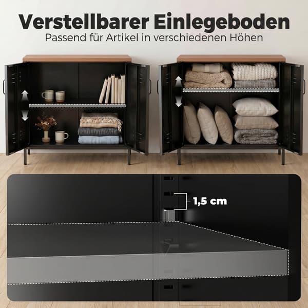 Metalsideboard 80x40x80 cm sort/brun træstruktur
