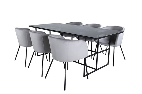 Spisebord og stol sæt 200x90x74 cm sort glas fløjl