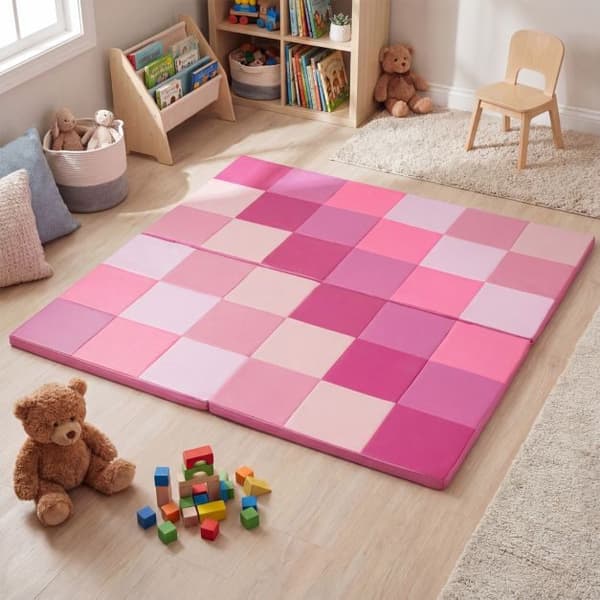 Legeunderlag til småbørn, sammenklappeligt, patchwork, vandtæt, kunstlæder, lyserød