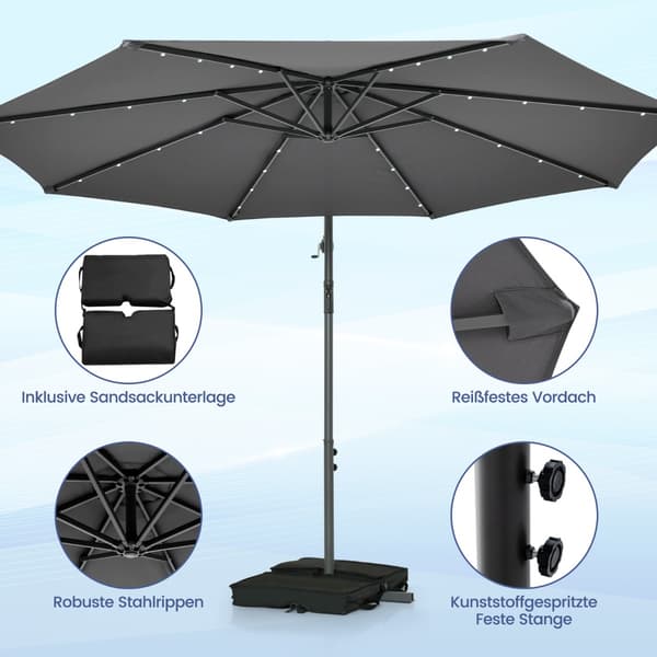 Parasol med solcelle-LED-lys og sandposer Ø300 cm grå