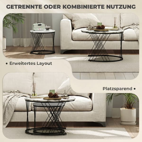 Sofabord 2-Pak, Marmorlook, Spånplade, Metal, Rund, Nesting, Grå+Hvid