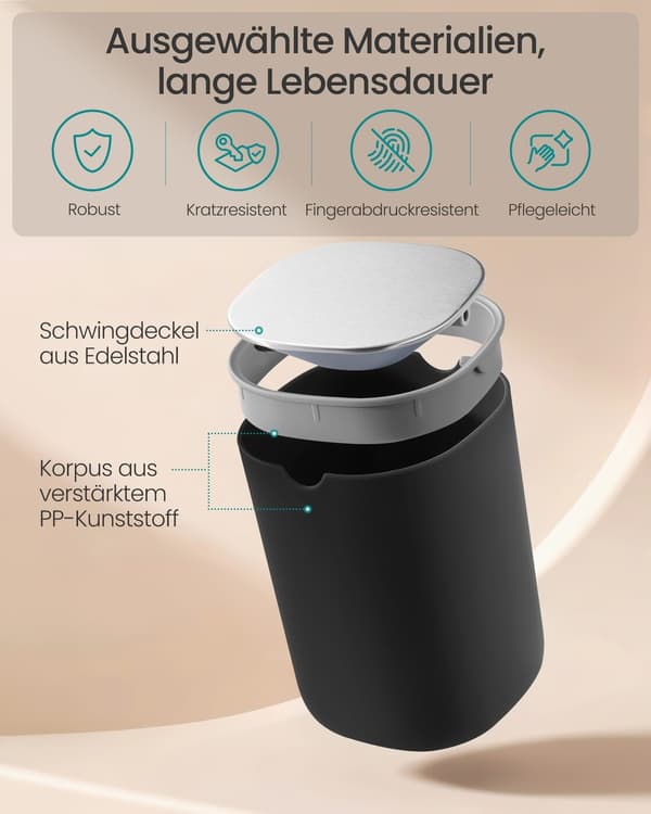 Bordaffaldsspand 1,5 L, Sort, Rustfrit Stål, med Svinglåg
