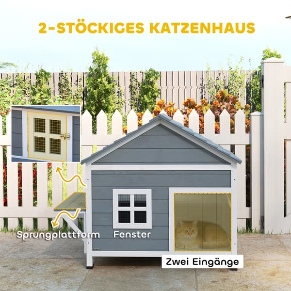 Kattehus, 2-etagers kattehule, 101x72,5x81 cm, grå, træ