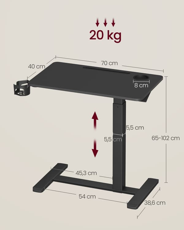 Sidebord 70x40x65-102 cm sort, justerbart, mobilt
