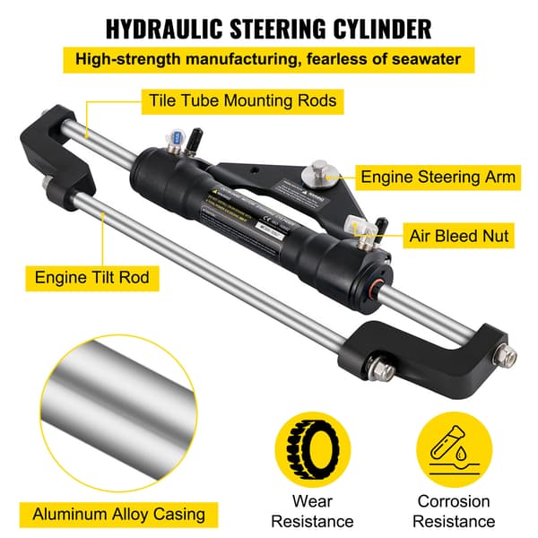 Hydraulisk bådratstyringssæt, 13.5 tommer rat, aluminiumlegering, styresystem