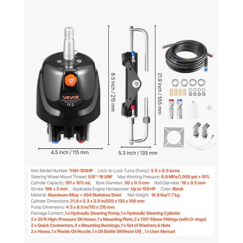 Hydraulisk styresæt, 150 HK, 792 cm sort, aluminiumlegering