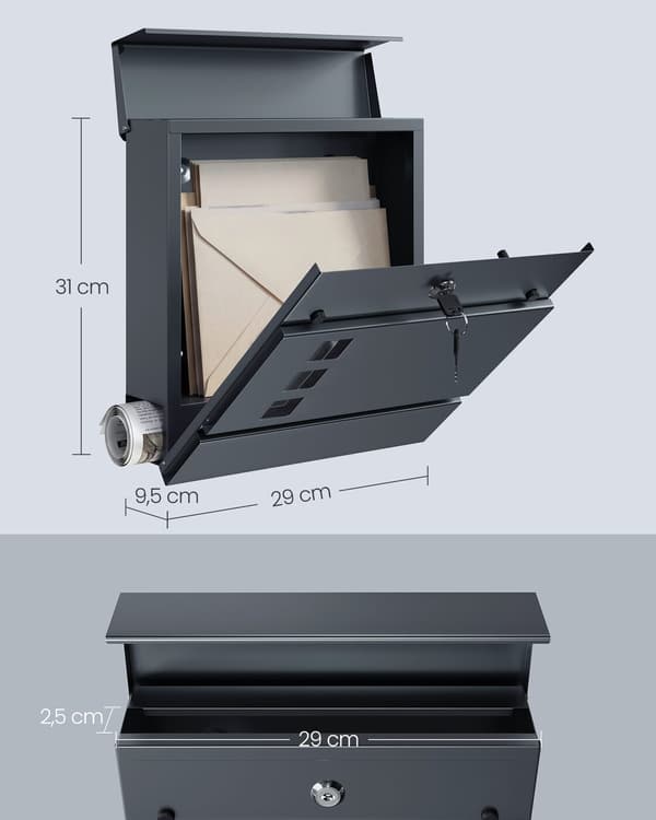 XL Postkasse, Postkasse med Avisrum, 9,5 x 29 x 31 cm