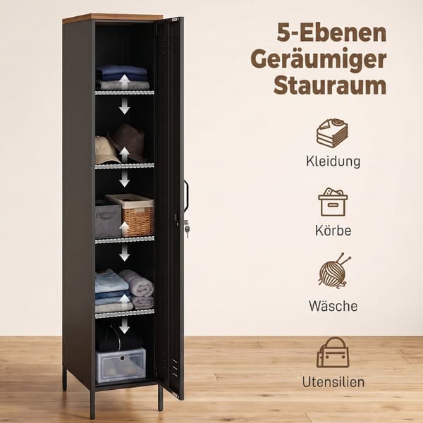 Metalgarderobe 35x46x183 cm sort/brun træstruktur